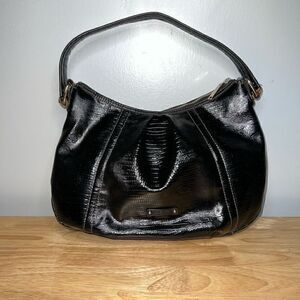 Nine West Black Croc Embossed Patent Vegan Leather Purse Hobo Style Shoulder Bag